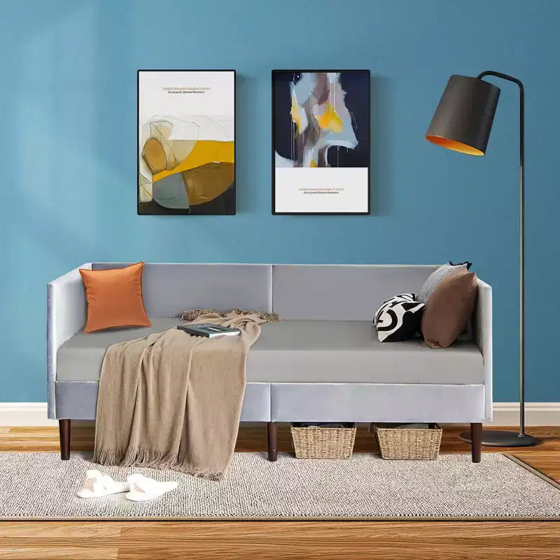 Lit de repos double en lin rembourré avec cadre en bois robuste pour salon, gris